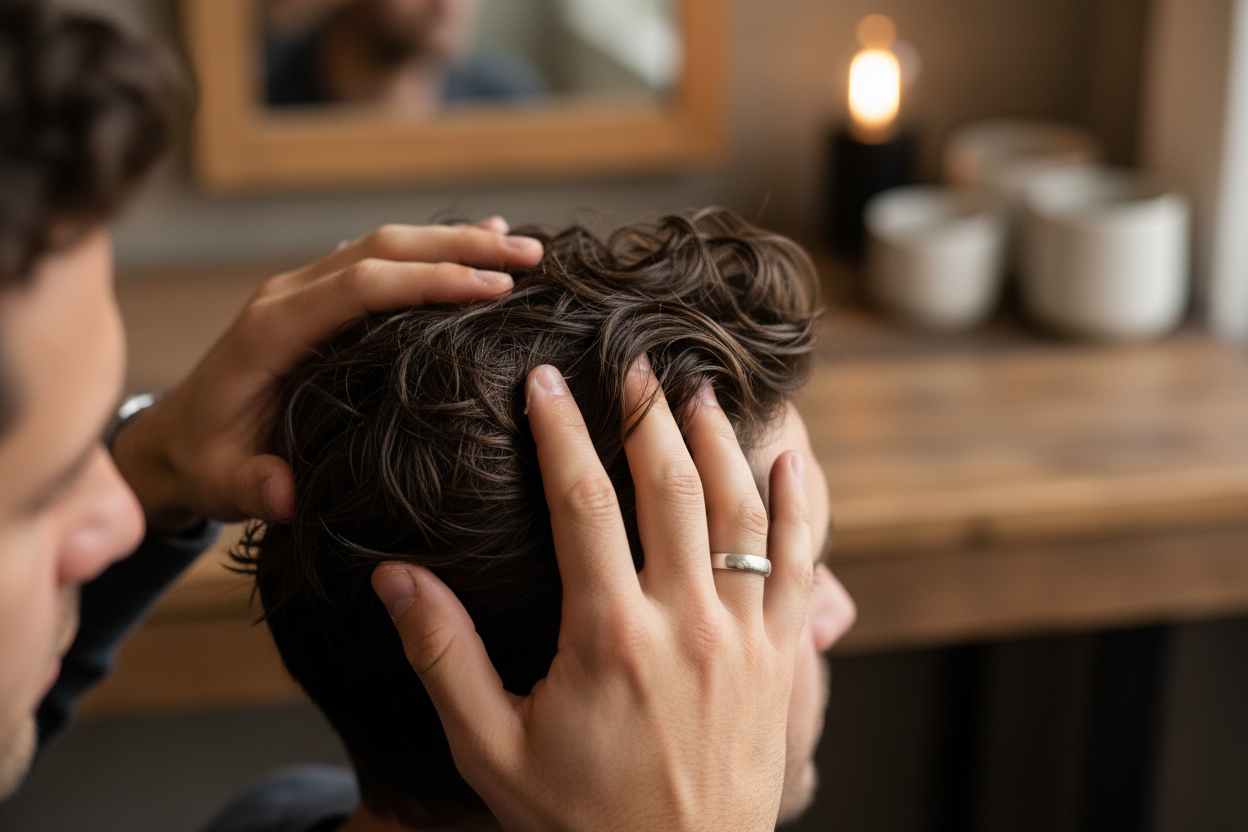 close up of mans fingers flowing through his hair applying a natural finish product